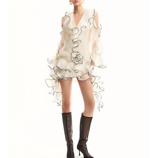 Vacation Style Elegant Embroidered White Dress Women Summer Ruffle Long Sleeve Off Shoulder Mini Dress