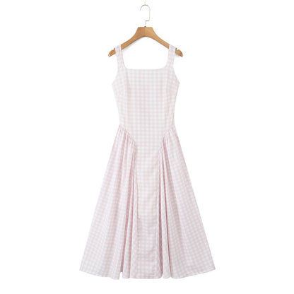 Plaid Elastic Waist Slim Fit Flared Strapless Long Dress