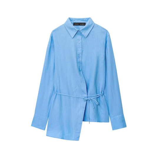 Women's Clothing Linen Long Sleeve Asymmetric Hem Blouse