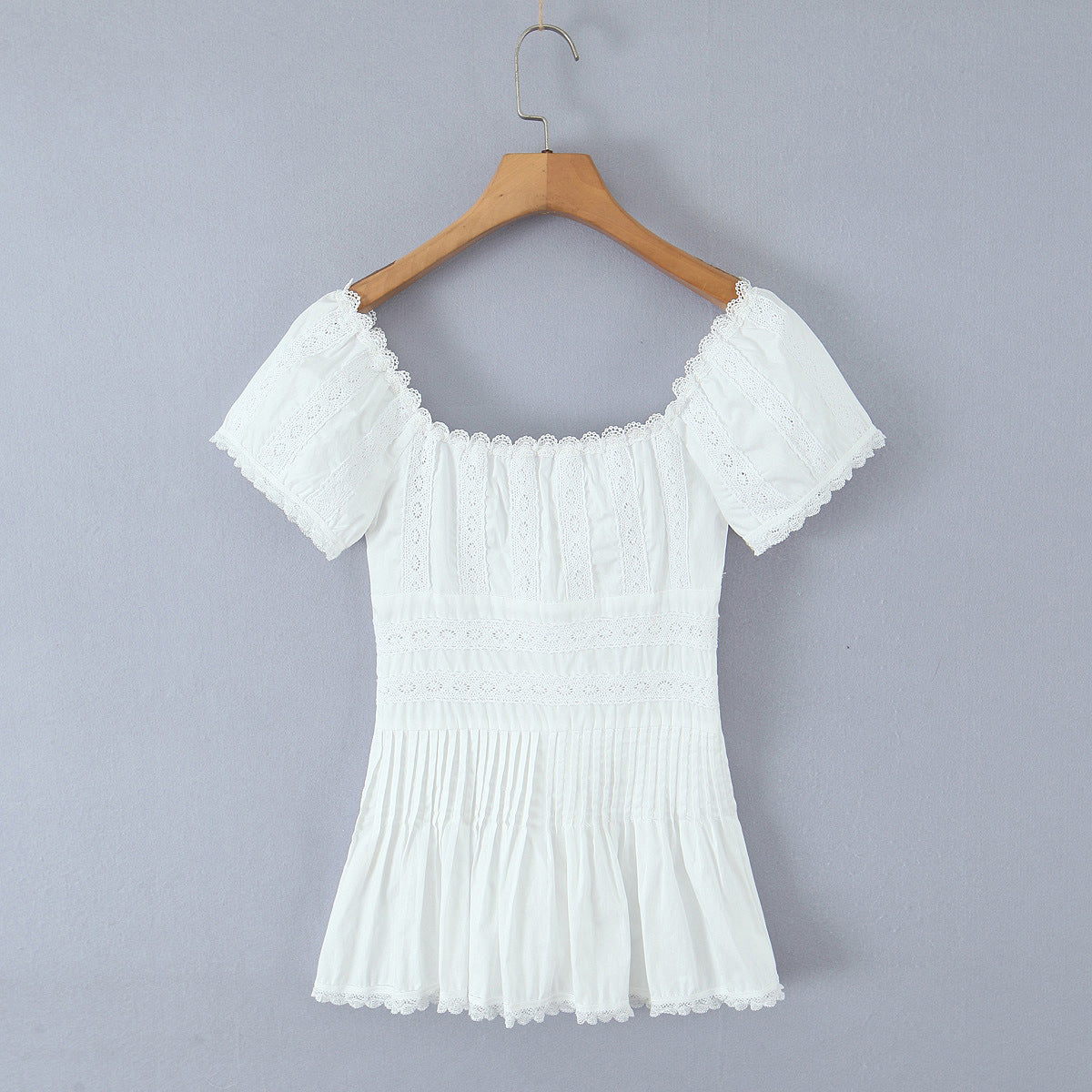 Lace lace square neck slim fit pleated top for women