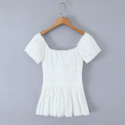 Lace lace square neck slim fit pleated top for women