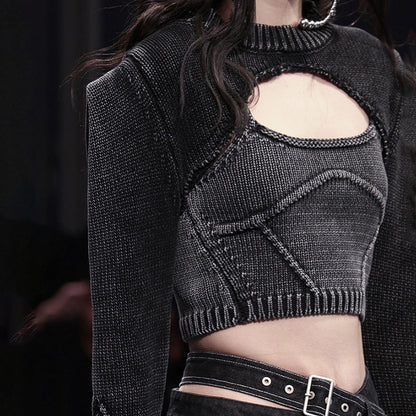 Streetwear Denim Two Piece Set Womens Square Collar Sleeveless Tanks O Neck Long Sleeve Tops Knitting Female Sets