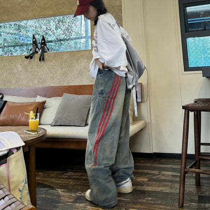 Side striped contrasting splicing for vintage denim straight leg wide leg pants