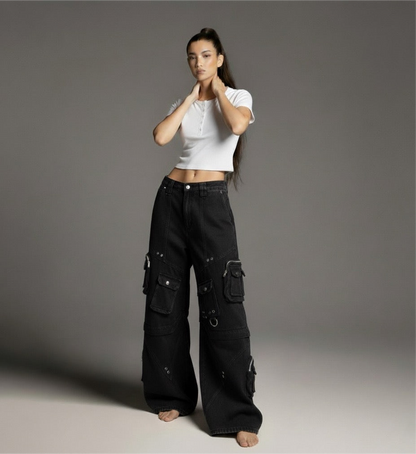 Street Style High-Quality Washed Workwear Pocket Detachable Denim Long Pants