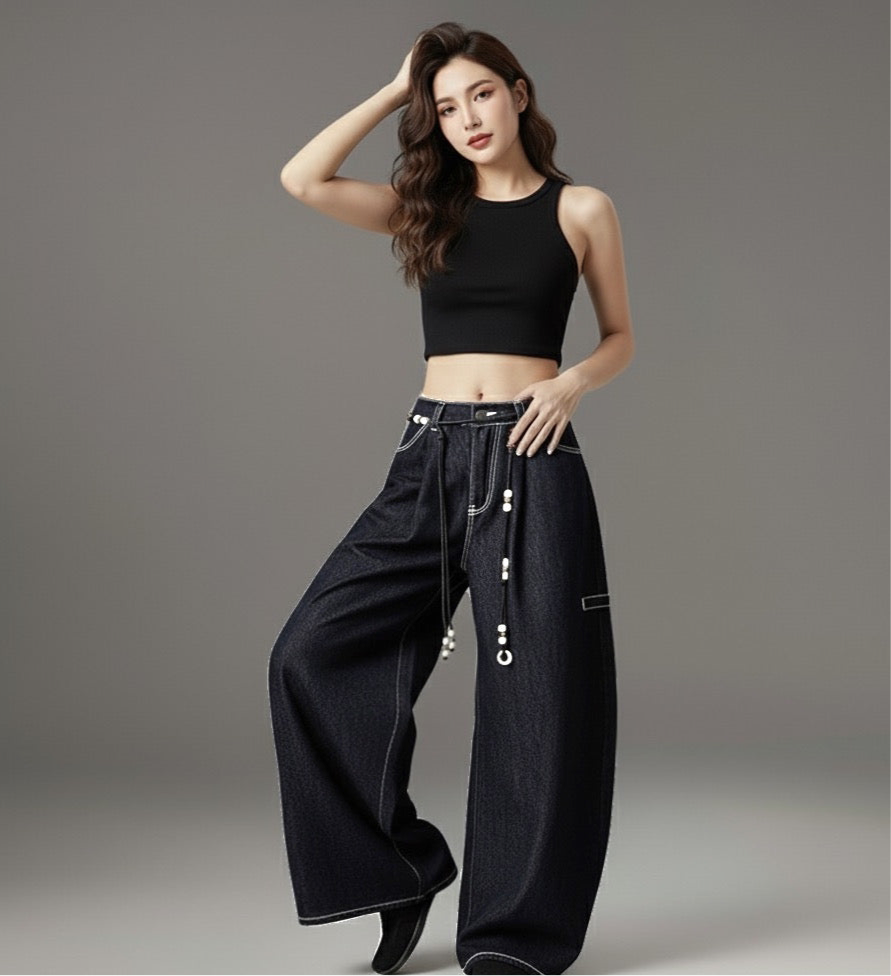 Retro Unique Design Beaded Waist Cord Flared Denim Pants Unisex Loose Slimming Versatile Wide Leg Long Trousers