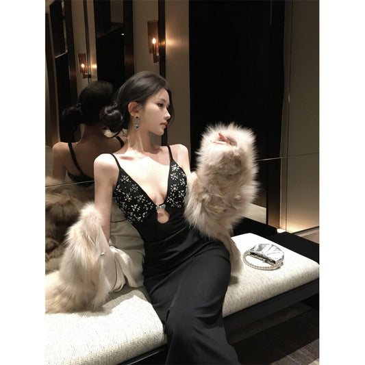 Spicy Girl Dress with Rhinestone Metal Accessories Long Length Off-the-Shoulder Bandage Fitted Halter Dress