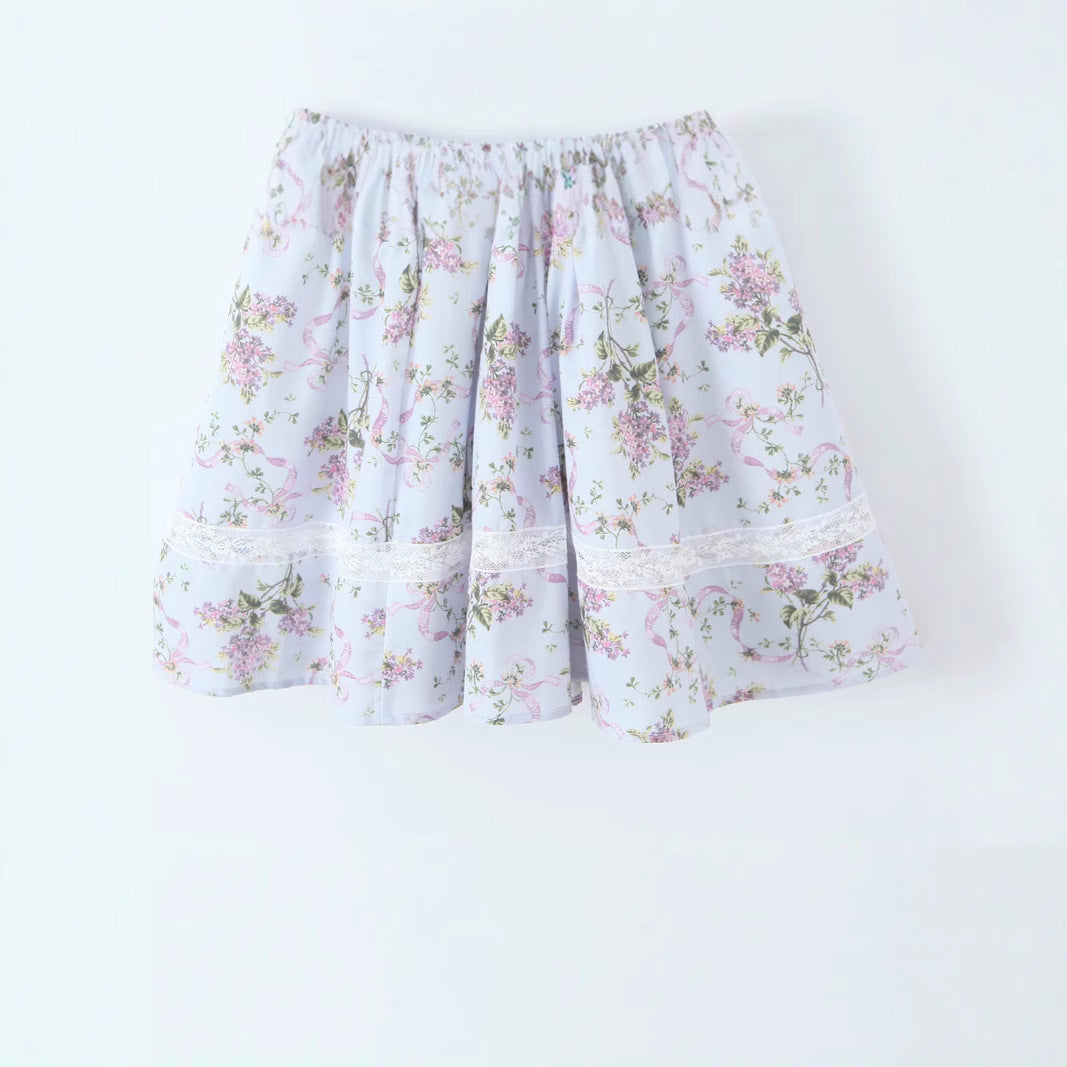 Lace V-neck printed suspender irregular dress short skirt