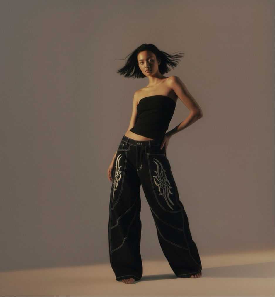 Wide Leg Long Pants Thorns Embroidery Loose Floor-Length Denim Pants Unisex Trendy