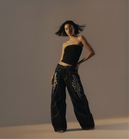 Wide Leg Long Pants Thorns Embroidery Loose Floor-Length Denim Pants Unisex Trendy
