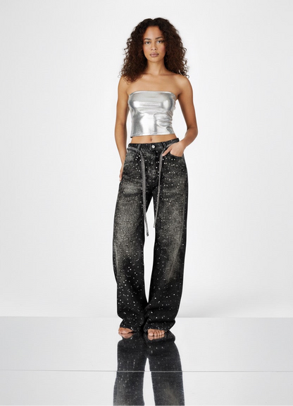 Washed loose wide leg printed jeans with a full diamond drop design straight leg pants