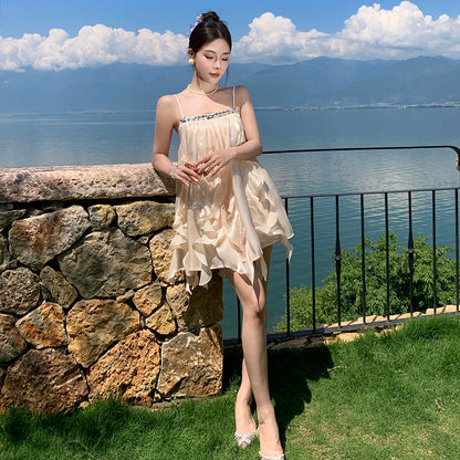French Satin Sweet Dress Women's Princess Outing Summer Beautiful Strapless Mini Dress