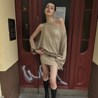 Irregular flared sleeves solid color slim fit dress for women