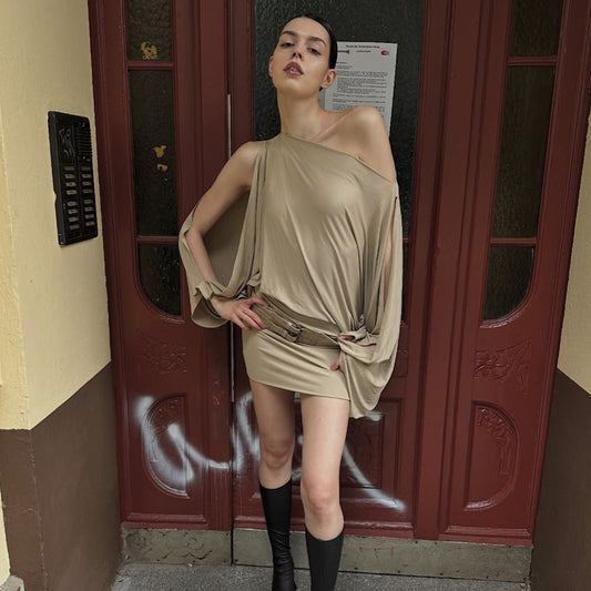 Irregular flared sleeves solid color slim fit dress for women