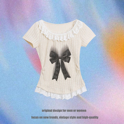 French Lace Trim Short Sleeve T-Shirt Women Round Neck Bow Print Slim Knit Top