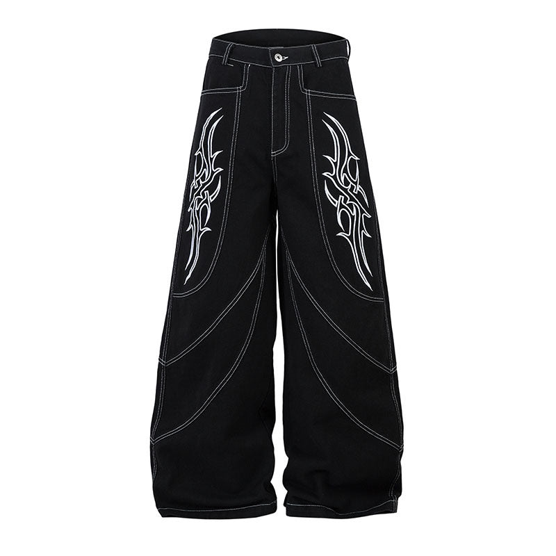 Wide Leg Long Pants Thorns Embroidery Loose Floor-Length Denim Pants Unisex Trendy