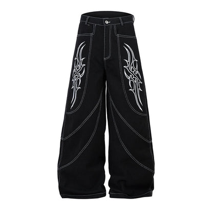 Wide Leg Long Pants Thorns Embroidery Loose Floor-Length Denim Pants Unisex Trendy