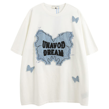 Denim Patch Decorative Unique Couple Trendy Short Sleeve T-Shirt