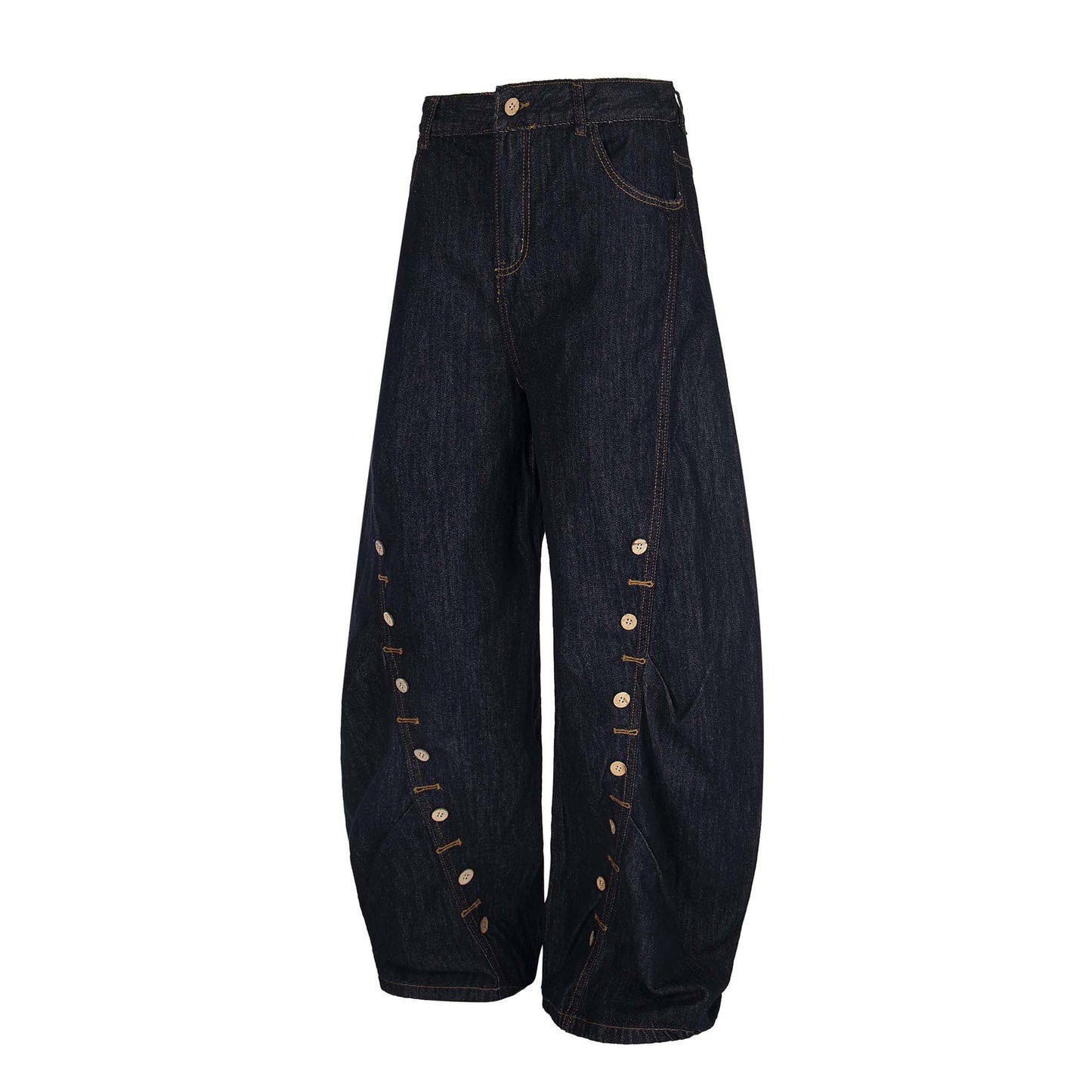 High Street  Pleated Button Decorated Flared Denim Pants Unisex Loose Wide Leg Straight Long Trousers