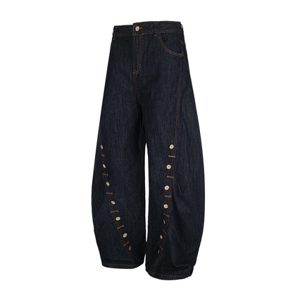 High Street  Pleated Button Decorated Flared Denim Pants Unisex Loose Wide Leg Straight Long Trousers