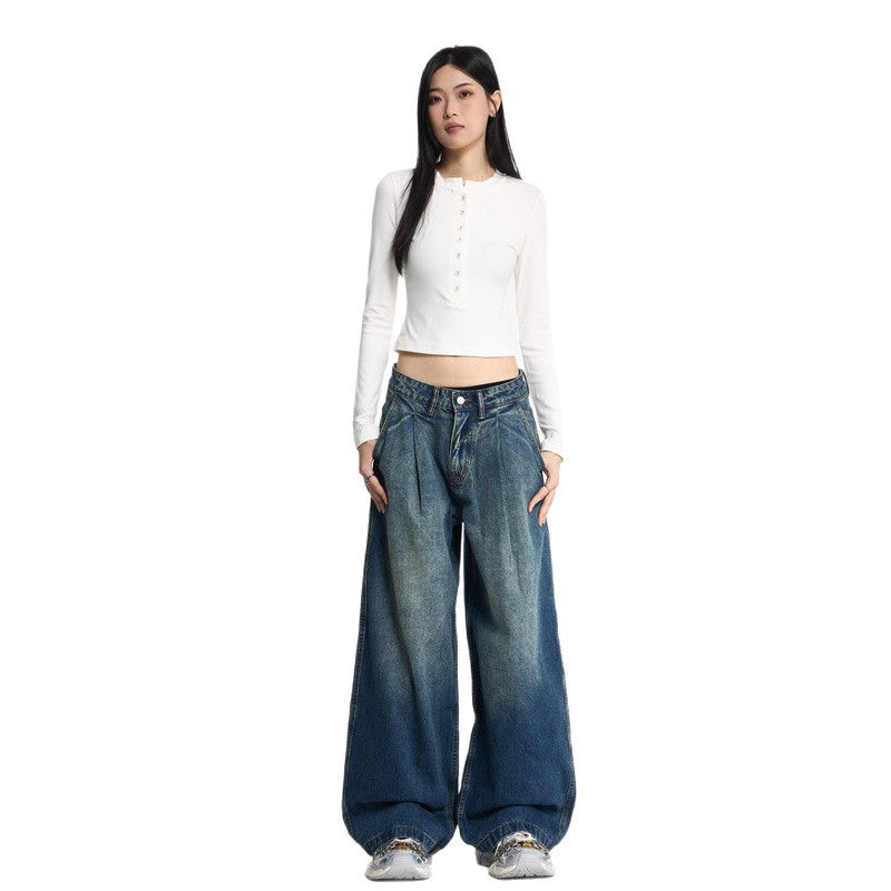 Pleated Wide-Leg Loose Denim Pants, Unisex Designer Style, Unique Couple Long Pants Trend
