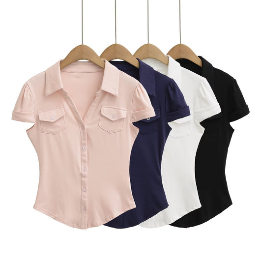Polo Collar Waist-Cinched Slim Fit Chest Pocket Casual Short Sleeve Shirt