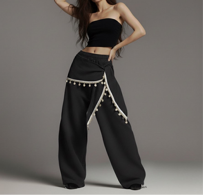 Lace fart curtain layered on sweatpants
