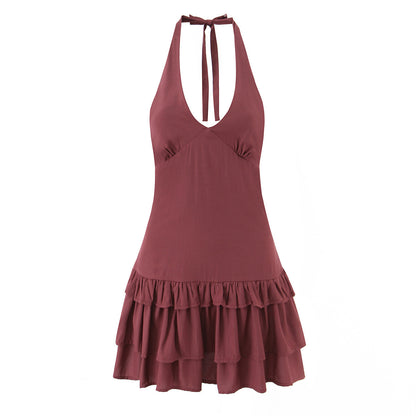 V-neck Wine Red Halter Waist-Cinched Tiered Mini Dress