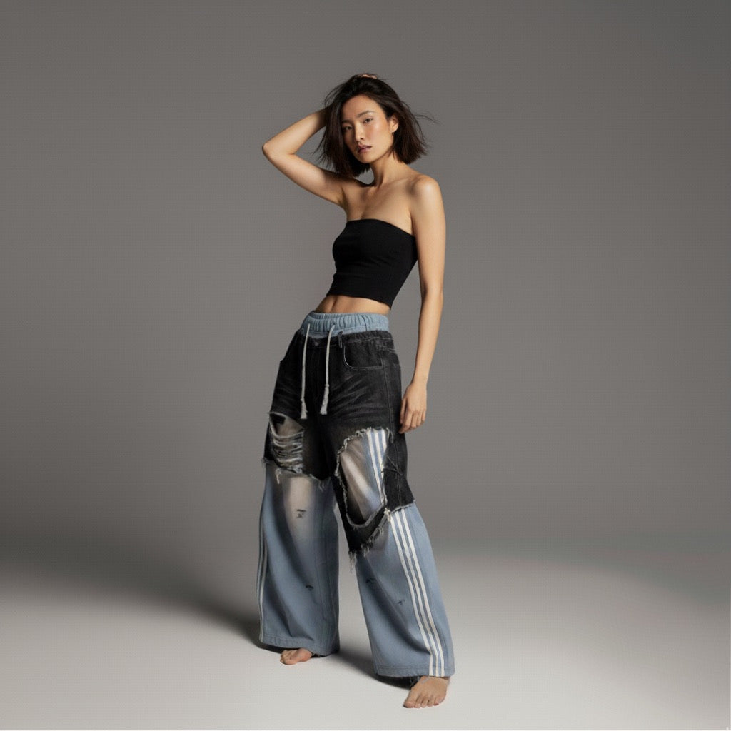 Retro ripped contrasting color patchwork casual pants