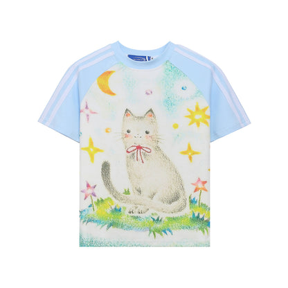 Retro Colorblock Cat Print Short Sleeve T-Shirt Women's Summer Raglan Slim Fit Cropped Spicy Top