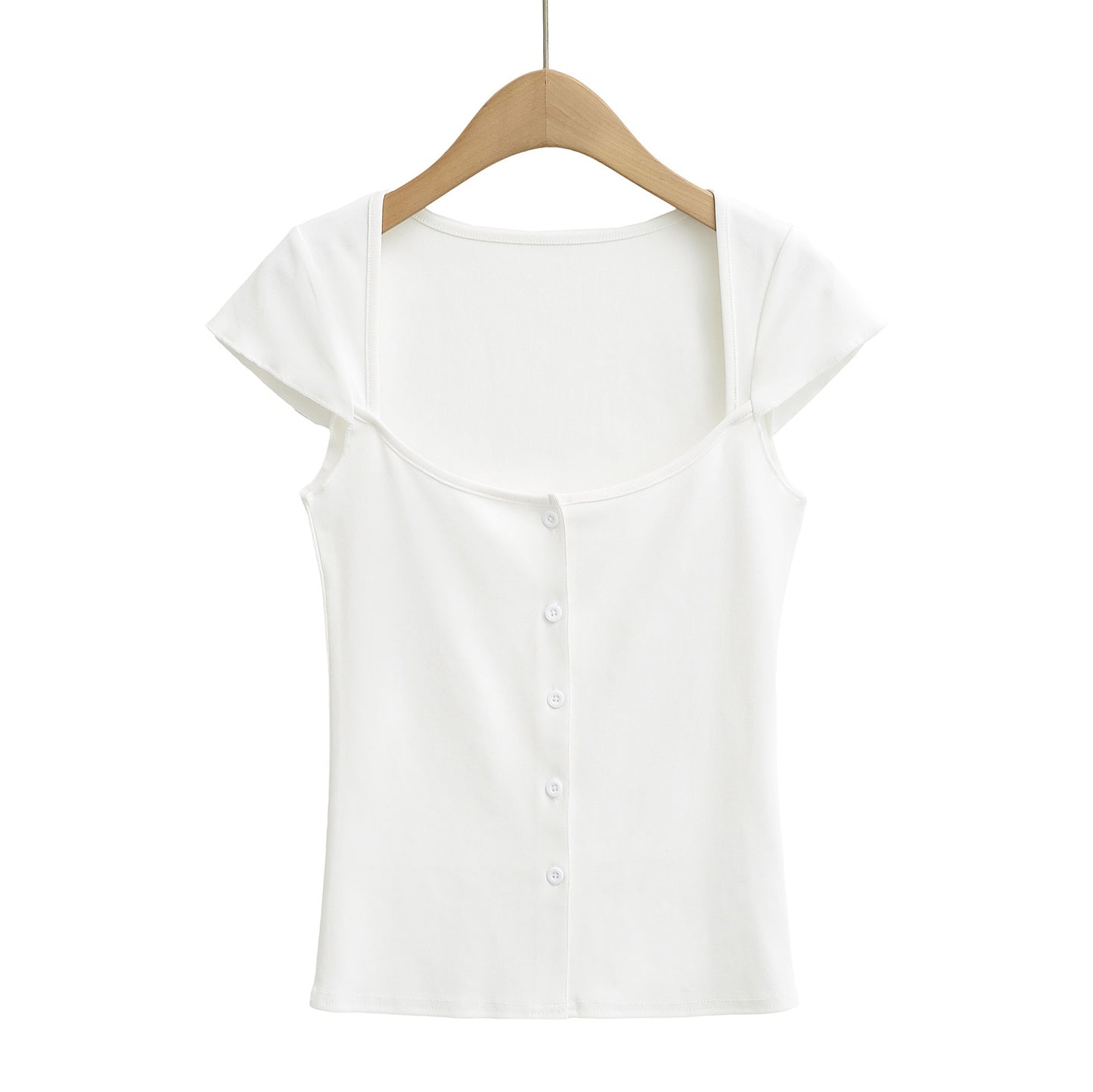 Square Neck Button Short Sleeve Fitted T-Shirt