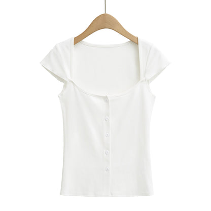 Square Neck Button Short Sleeve Fitted T-Shirt