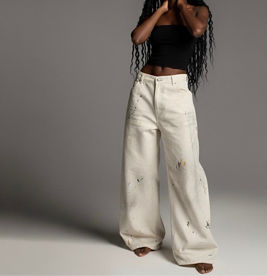 Street Style Washed Print Tapered Denim Long Pants