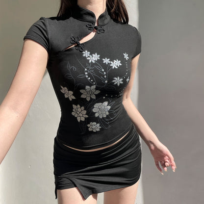 Stand up collar top slim fit short sleeved T-shirt for women