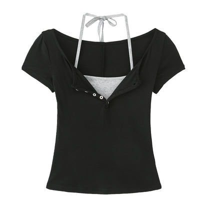 Fake Two-Piece Halter Tie Slim Fit Short Sleeve Top for Women