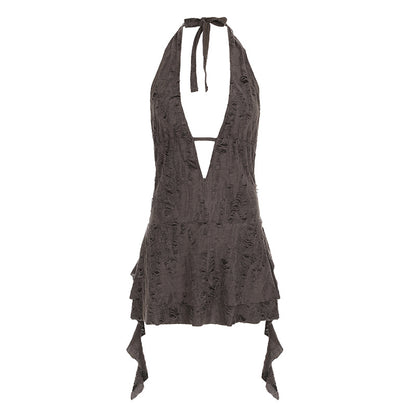 Streetwear Wasteland Style Sexy Off-the-Shoulder Irregular Strapless Backless Dress Deep V-Neck Distressed Mini Skirt