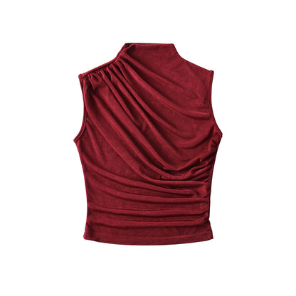 Pleated Fitted High Neck Crop Tank Top