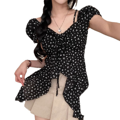 Polka Dot Bubble Sleeve Halter Irregular Tie Top Women's Slim T-Shirt