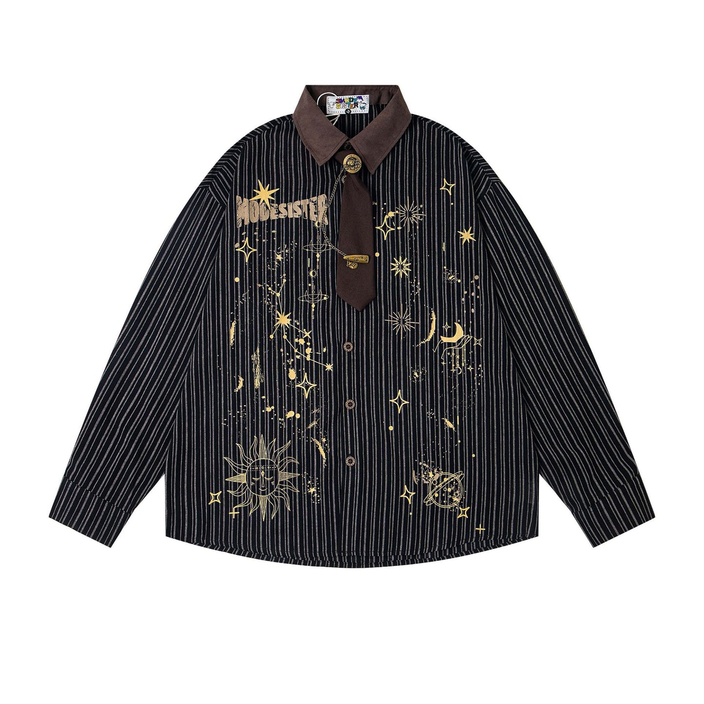 Color Block Design Collar Stripe Long Sleeve Shirt Men's Loose Casual Trendy Couple Shirt