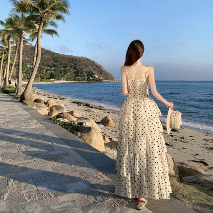 French Vacation Gentle Polka Dot Waist-Cinching Slimming Fashion Strapless Dress