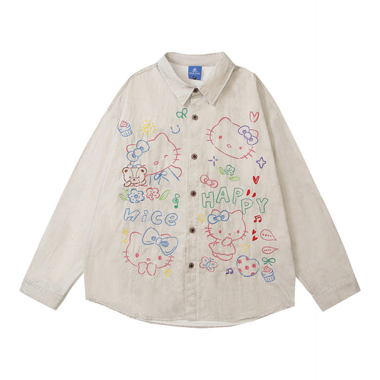 Cartoon Embroidery Couple Long Sleeve Shirt Loose Fit All-Match Blouse Jacket for Men and Women
