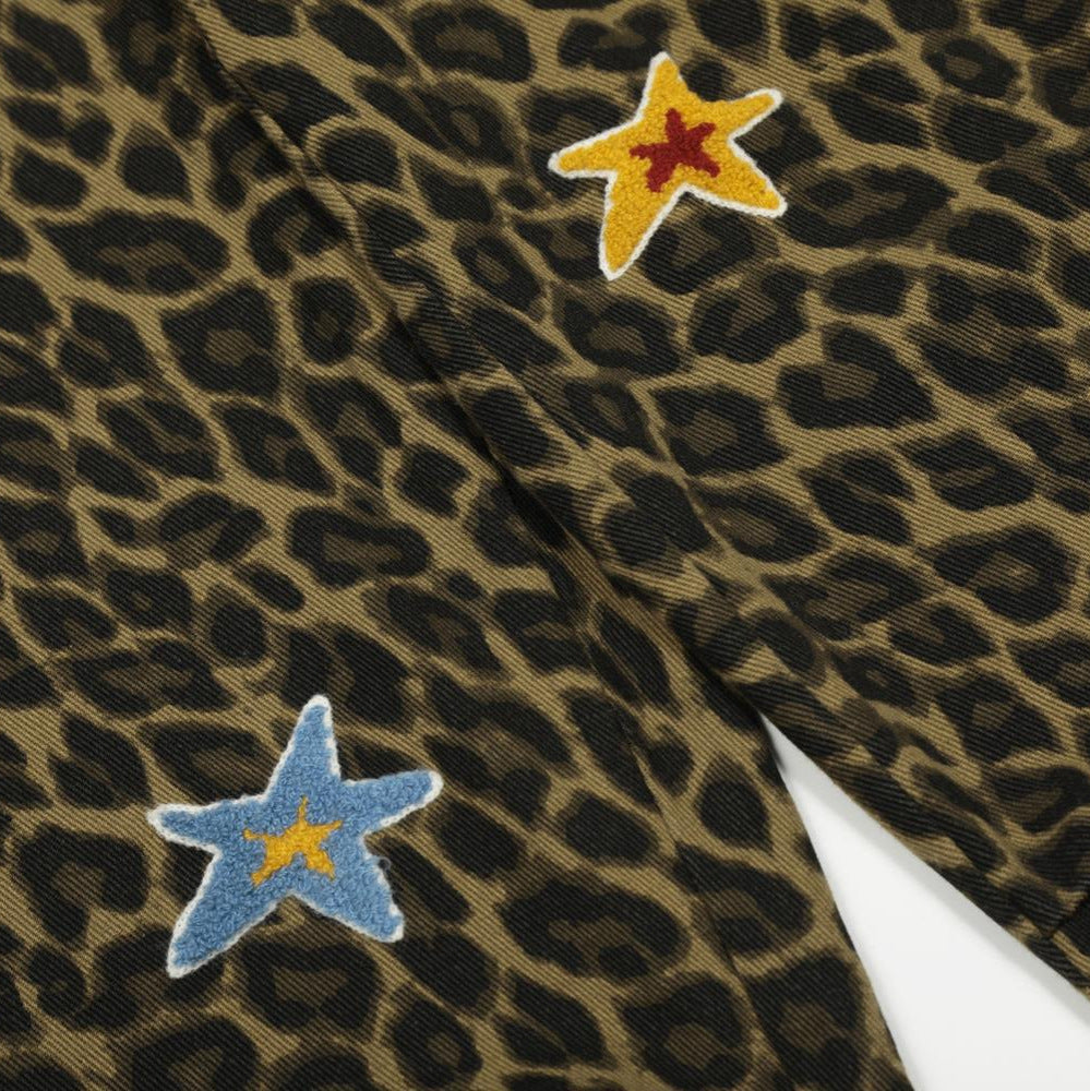 Leopard patterned star towel embroidered washed casual pants