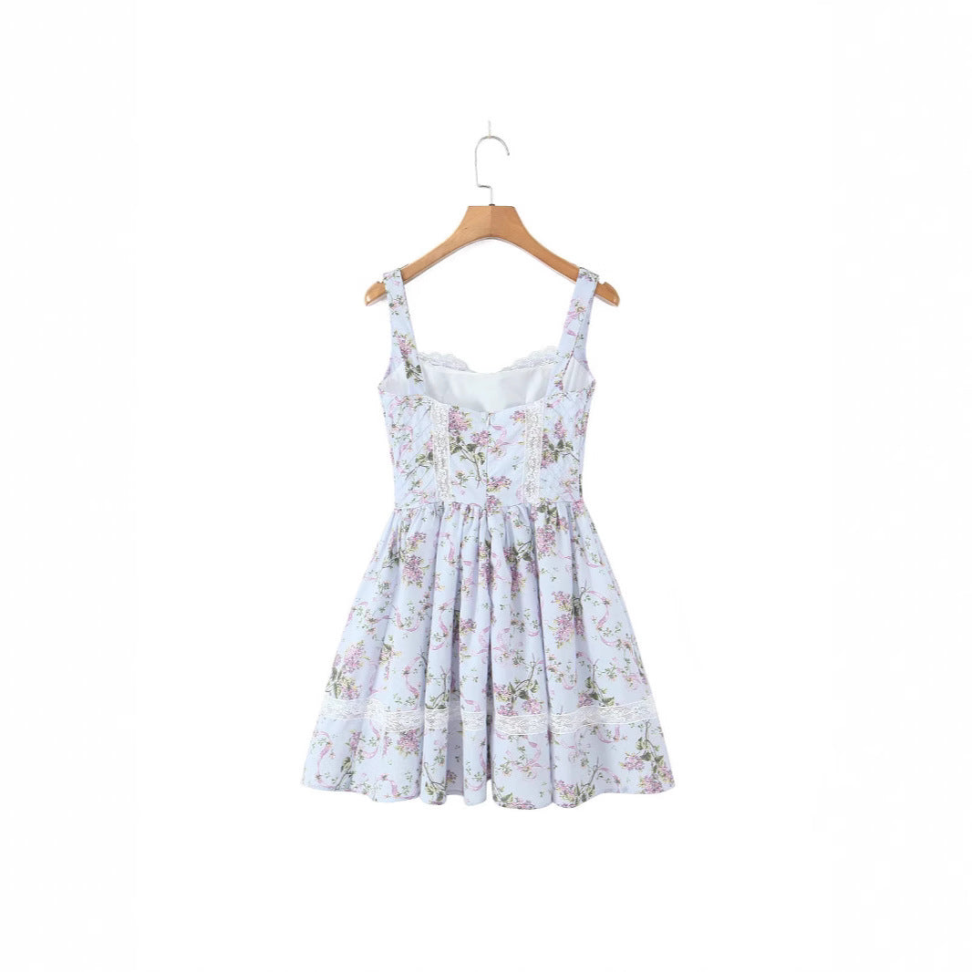 Lace V-neck printed suspender irregular dress short skirt