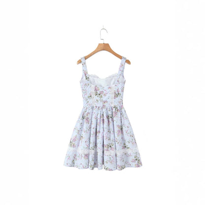 Lace V-neck printed suspender irregular dress short skirt