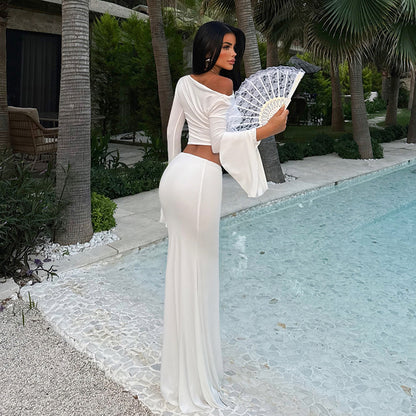 Women's  One-Shoulder Long Sleeve Fitted Mermaid Skirt Set