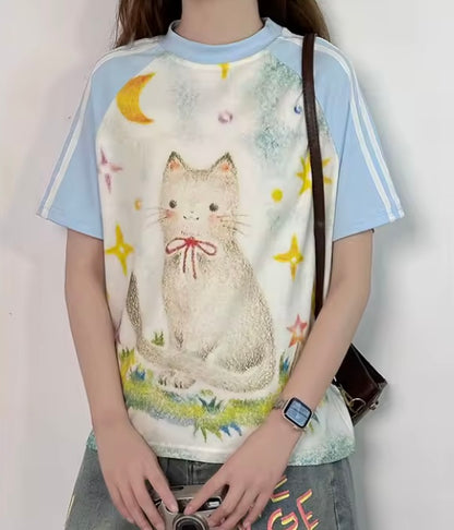 Retro Colorblock Cat Print Short Sleeve T-Shirt Women's Summer Raglan Slim Fit Cropped Spicy Top