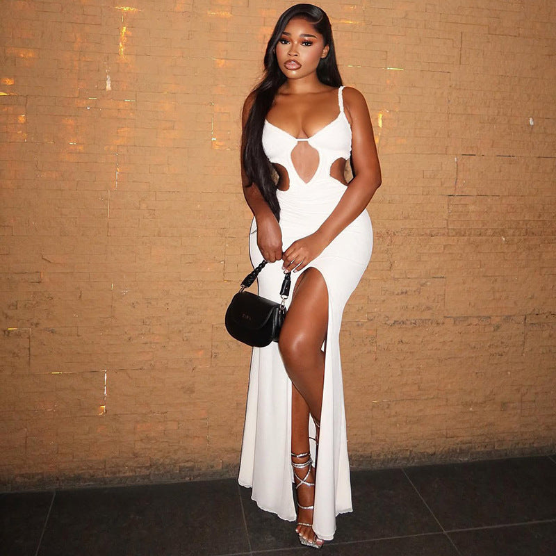 Women's Pure Color Hollow Out Bodycon Dress Strapless Slit Long Pleated Dress
