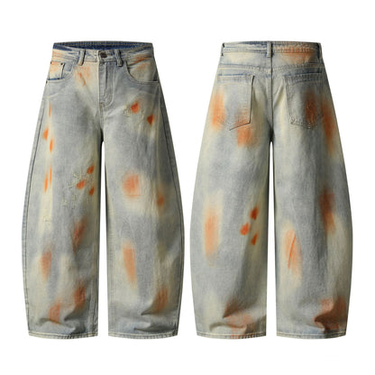 Retro Washed Distressed Unique Design Flared Denim Pants Unisex Loose Wide Leg Casual Long Trousers