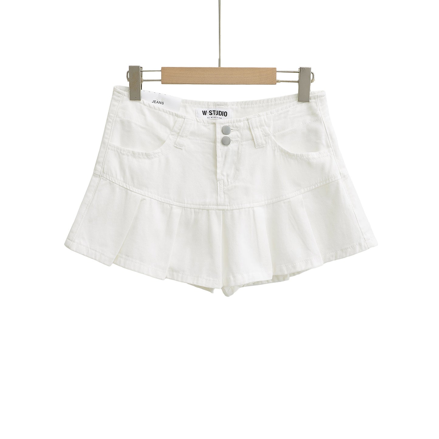 High-Waisted Leg-Lengthening Washed Vintage Two-Button Denim Pleated A-Line Mini Skirt