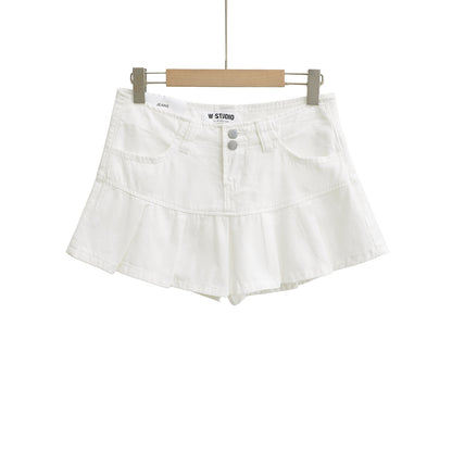 High-Waisted Leg-Lengthening Washed Vintage Two-Button Denim Pleated A-Line Mini Skirt
