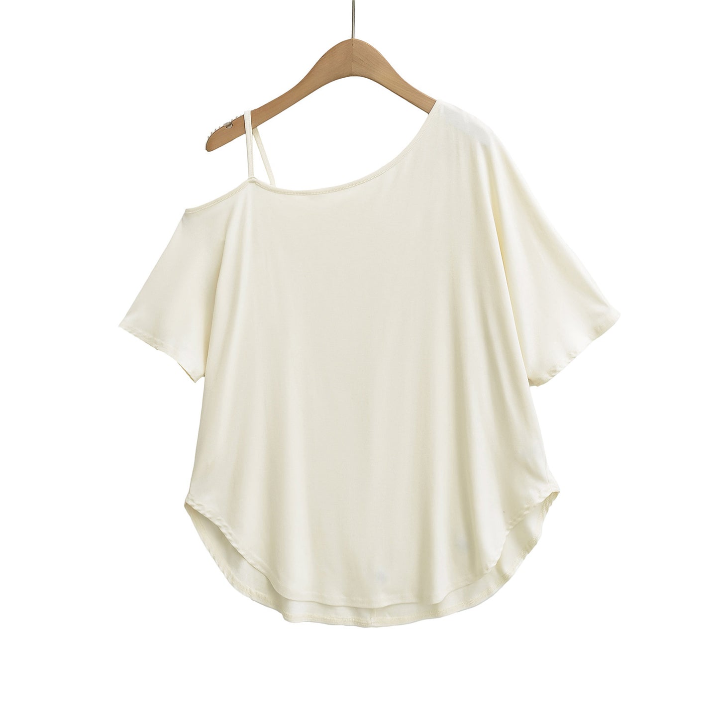 One-Shoulder Off-The-Shoulder Curved Hem Loose Short Sleeve T-Shirt